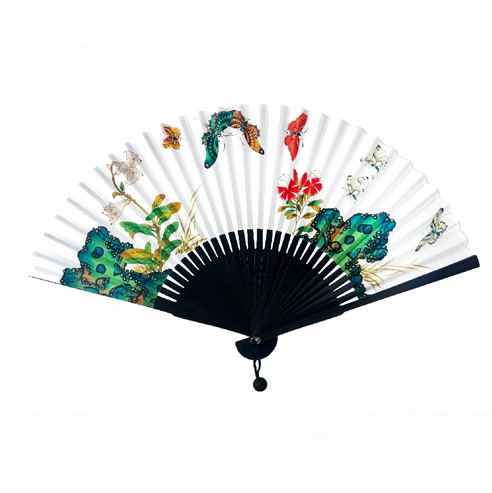 FLOWERS AND BUTTERFLY FOLDING FAN (BLACK) - COKODIVE