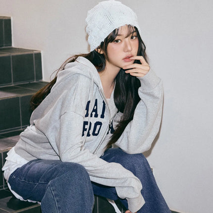 [IVE JANG WONYOUNG PICK] MAISON DE ROLA EMBROIDERY HOOD ZIP UP GRAY - COKODIVE