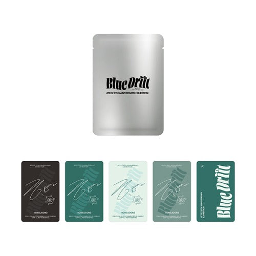 ATEEZ BLUE DRIFT Random Photocard Pack with a silver pouch and five sample card backs in black and teal.